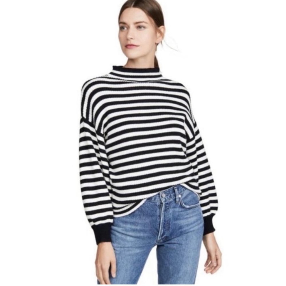 Anthropologie Line & Dot Black White Striped Balloon Sleeve Mock Neck Sw…
